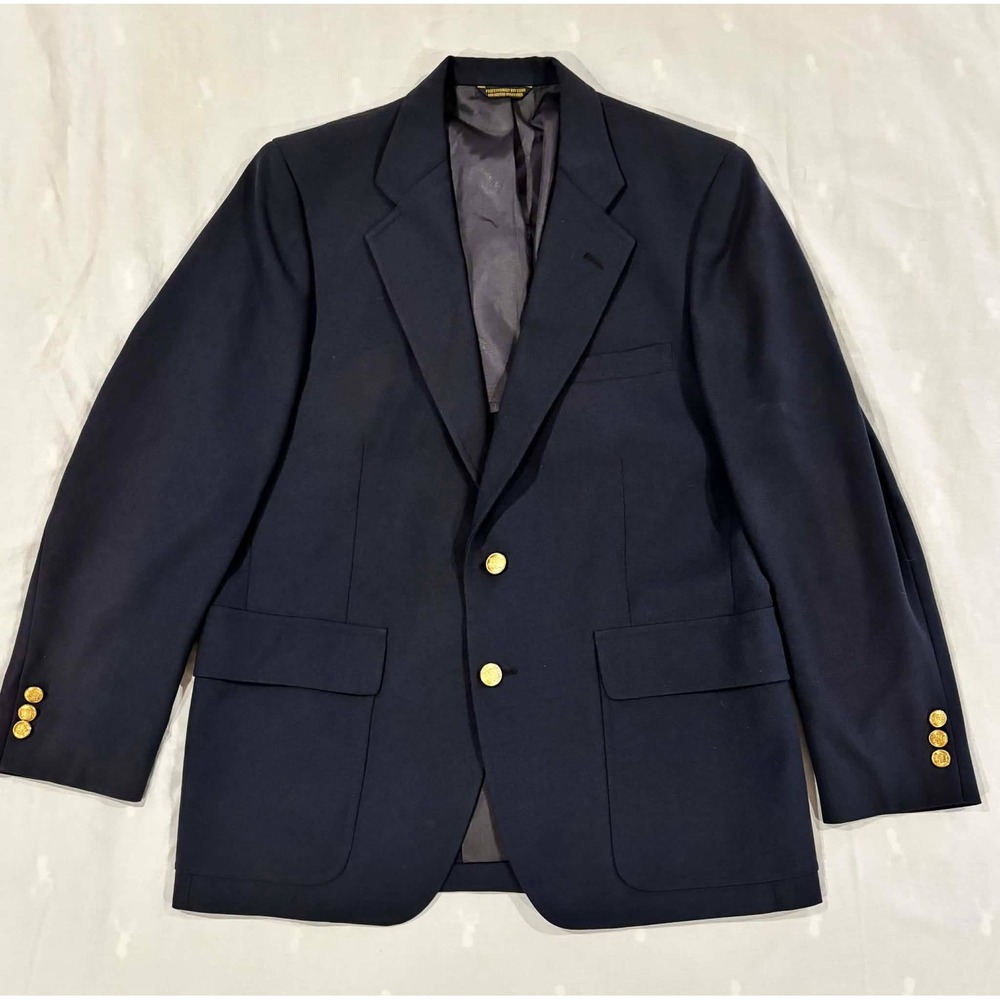 John Weitz Maas Brothers Vintage Navy Blue‎ Blazer Gold Crest Buttons USA Made